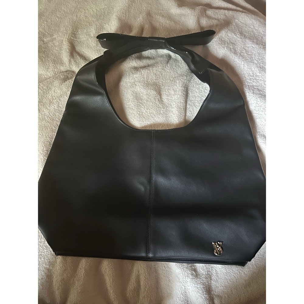 Victoria's Secret VS Black Faux Leather Hobo Shoulder Bag Bow Strap Large Tote